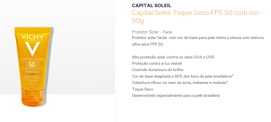Especificações do Capital Soleil Toque Seco com Cor FPS 50 Vichy