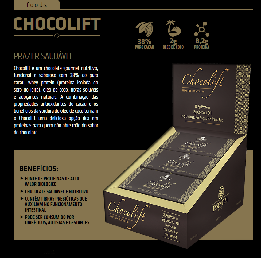 Especificações do Chocolift da Essential Nutrition