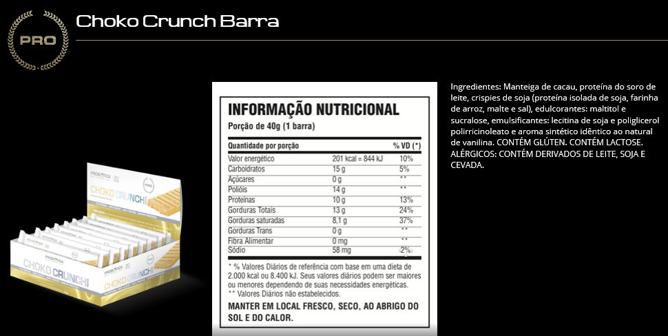 Informação nutricional e ingredientes do Choko Crunch barra da Probiotica