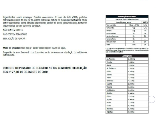 Ingredientes e tabela nutricional do Premium Whey da Nutrata sabor morango