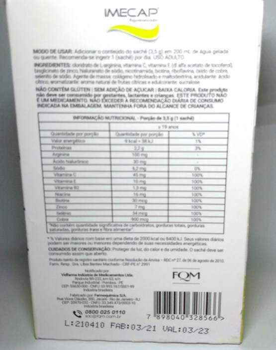 Imecap Rejuvenescedor Colágeno + Ácido Hialurônico: tabela nutricional