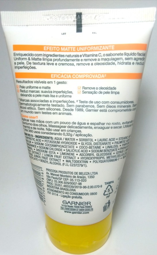 Sabonete Facial Uniform & Matte Garnier com Vitamina C: especificações
