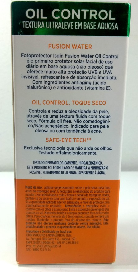Fotoprotetor ISDIN Fusion Water Oil Control fps50+: especificações